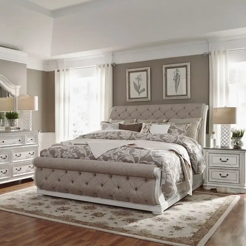 Magnolia Manor Antique White & Weathered Bark Upholstered Sleigh Bed, Dresser and Mirror, and Nightstand Set