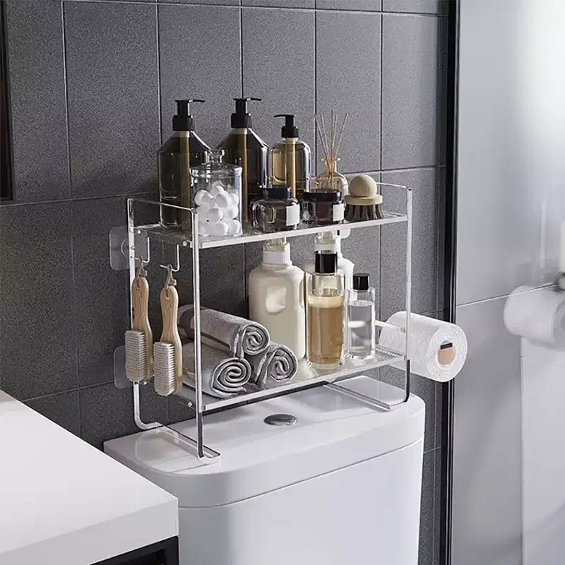 2-Tier Bathroom Shelf Organiser, Space Saving Multi-Purpose Metal Organiser Rack Over The Toilet Storage Rack with 2 Hooks
