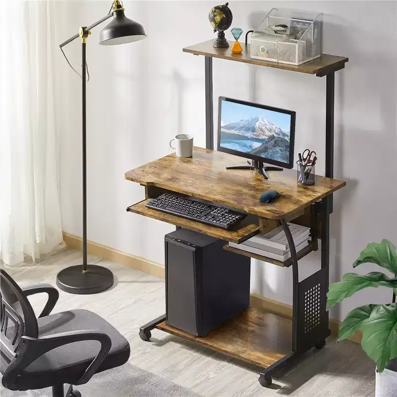 Black / Rustic Brown Computer Desk with Printer Shelf & Keyboard Tray, 1-Person
