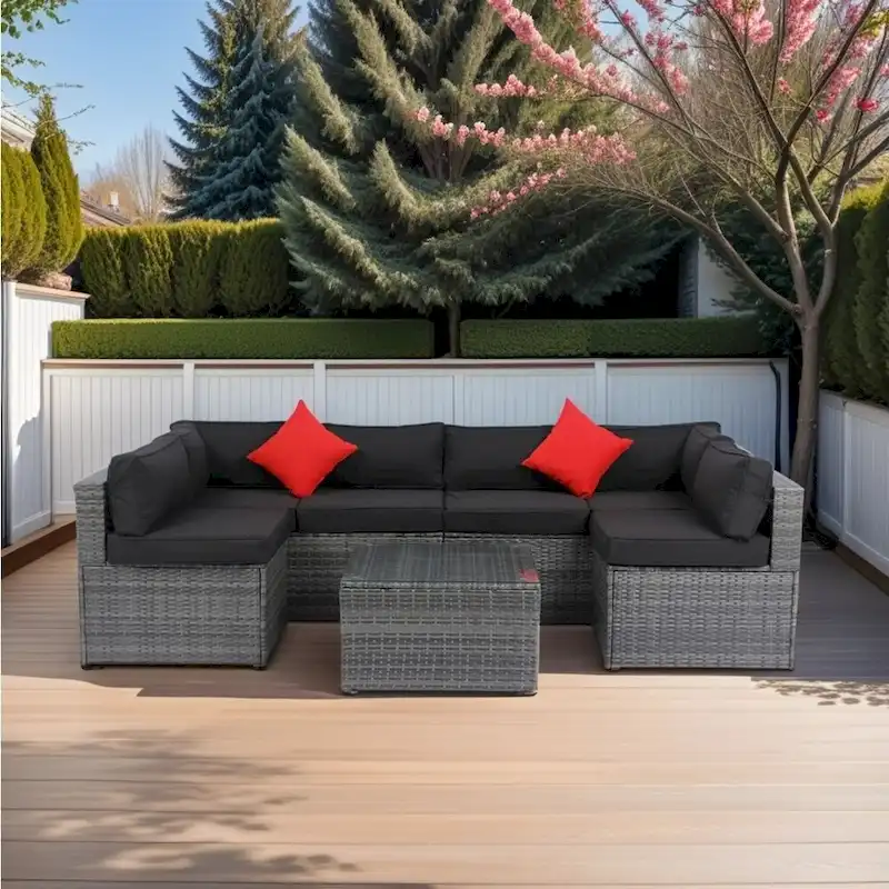 5 Pieces PE Rattan Sectional Outdoor Furniture Cushioned U Sofa Set