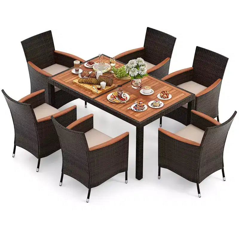 Costway 7 Pieces Outdoor Wicker Dining Set with Acacia Wood Table and 6 Stackable Chairs