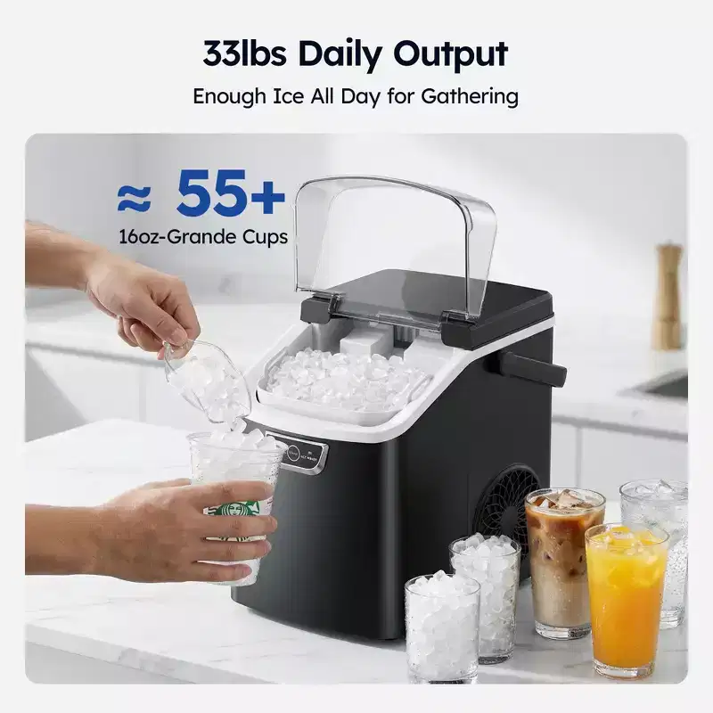 Simzlife 33 Lbs. Nugget Ice Maker Countertop , 5mins Fast Ice Making, Quiet Operation & Self-Cleaning, Black