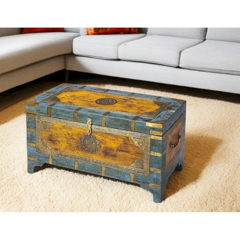 Hand Painted Brass Inlay Storage Trunk