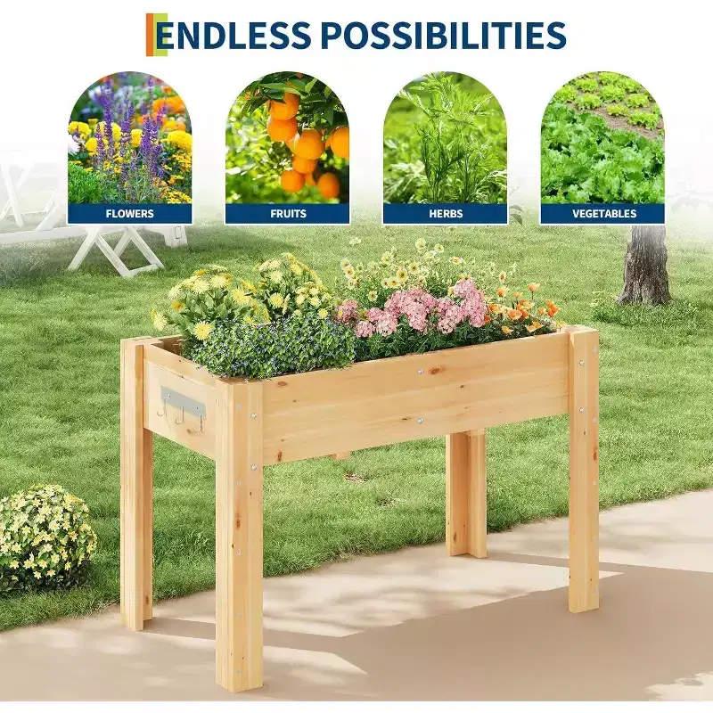 Acekool 47x30x22 Inch Raised Garden Bed with Stand, Elevated Wooden Planter Box with Hooks & Non-Woven Liner for Patio & Backyard Gardening