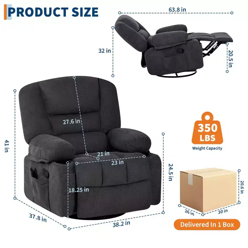 Acekool Rocker Recliner Chair with Massage & Heating, 360 Swivel, Extra Wide, Chenille or PU, for Living Room & Bedroom