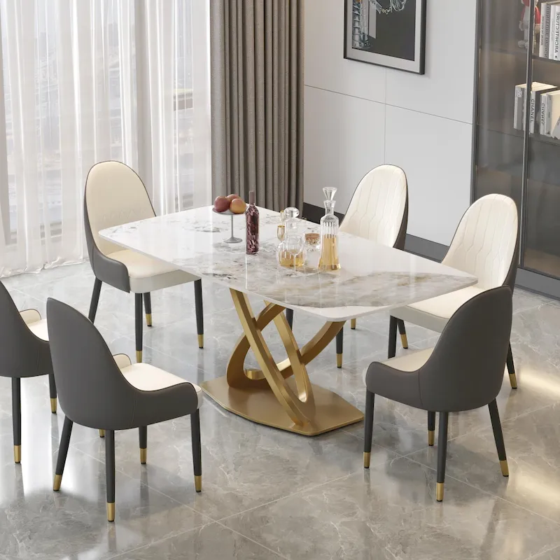 Modern Dining Table with Rectangular Sintered Stone Tabletop and Gold Base