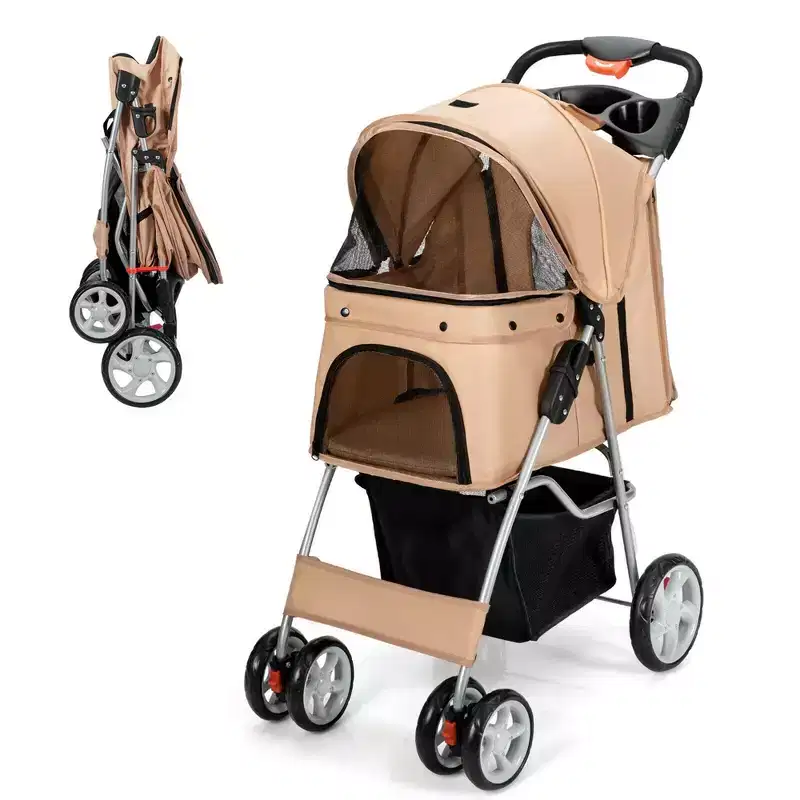 Costway Folding Pet Stroller 4-Wheel Pet Travel Carrier w/Storage Basket