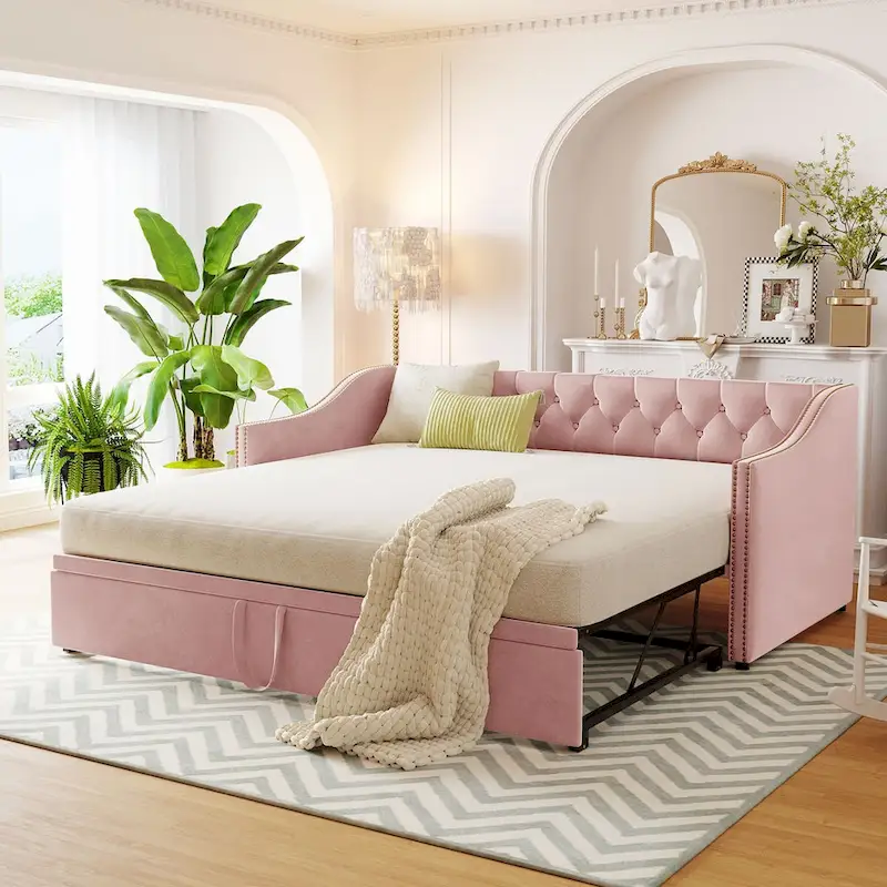 Twin Size Upholstered Sofa Bed with Trundle and Latest Integrated Bluetooth Audio System,Teddy Fleece