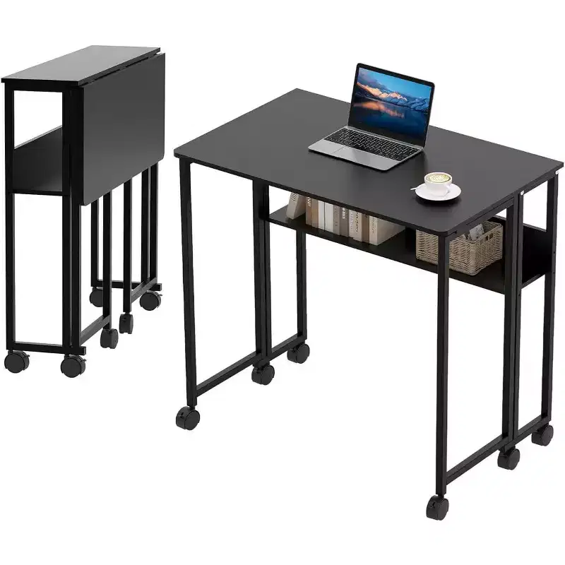 Folding Desk with Storage Shelf and Rolling Wheels for Home Office
