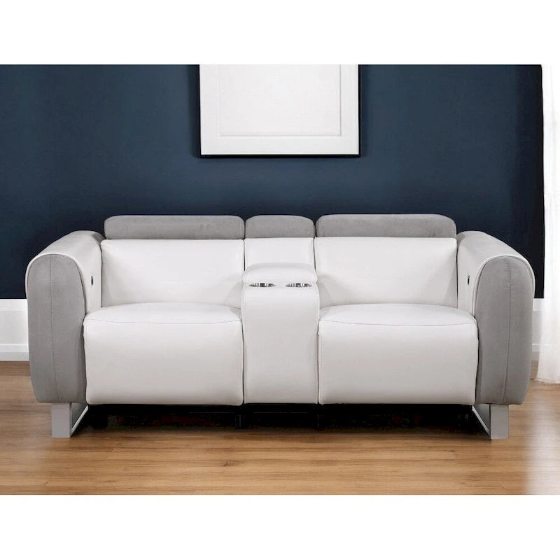 HomeRoots 77 Gray White And Silver Faux Leather and Microfiber Power Reclining Loveseat With Storage - 76.5' X '31.25' X '40