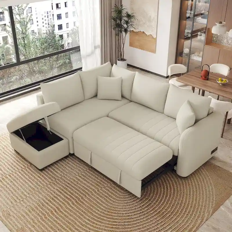 L-shaped Sectional Pull Out Sofa Bed Sleeper Sofa USB,Power Sockets and a Movable Storage Ottoman, Beige