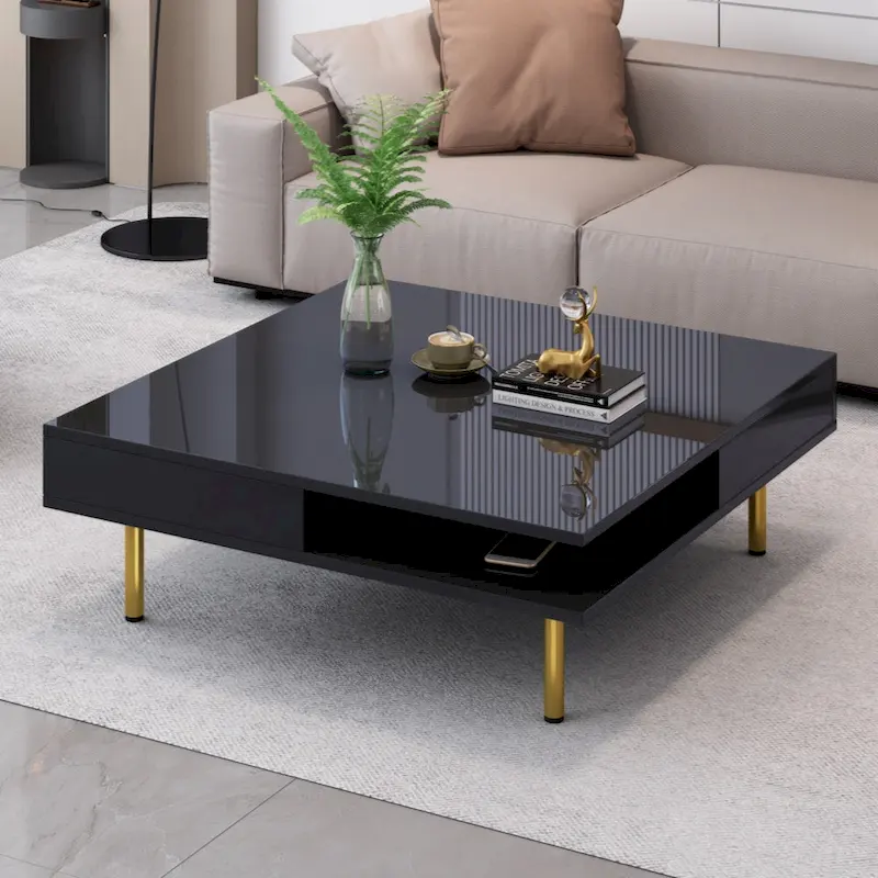Exquisite High Gloss Coffee Table with 4 Golden Legs and 2 Small Drawers, 2-Tier Square Center Table for Living Room