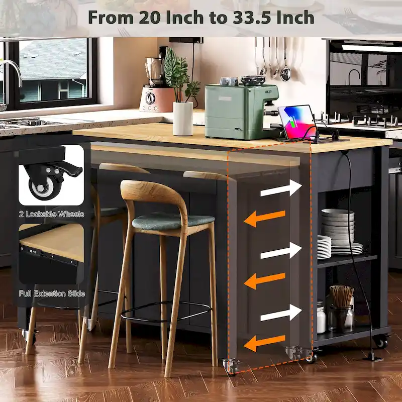 47 Inch Kitchen Island With Extendable Dining Table(no include stool)