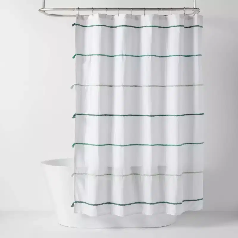 Striped with Tassels Kids' Shower Curtain Blue - Pillowfort™: Twill, Machine Wash, Buttonhole Top, OEKO-TEX Certified