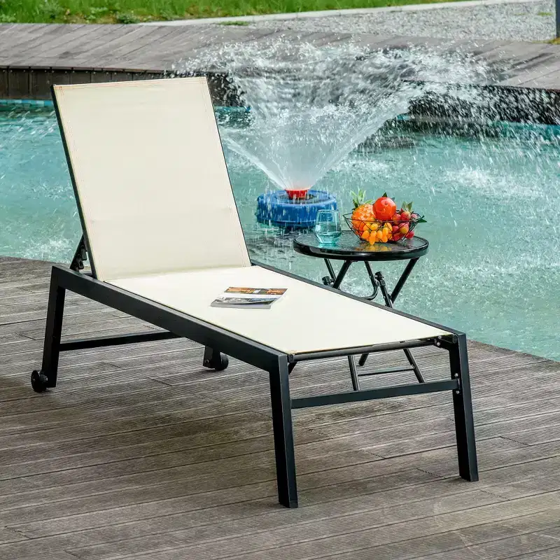 Outdoor Lounge Chair, Patio Lounger With 5-Position Reclining Backrest and 2 Wheels