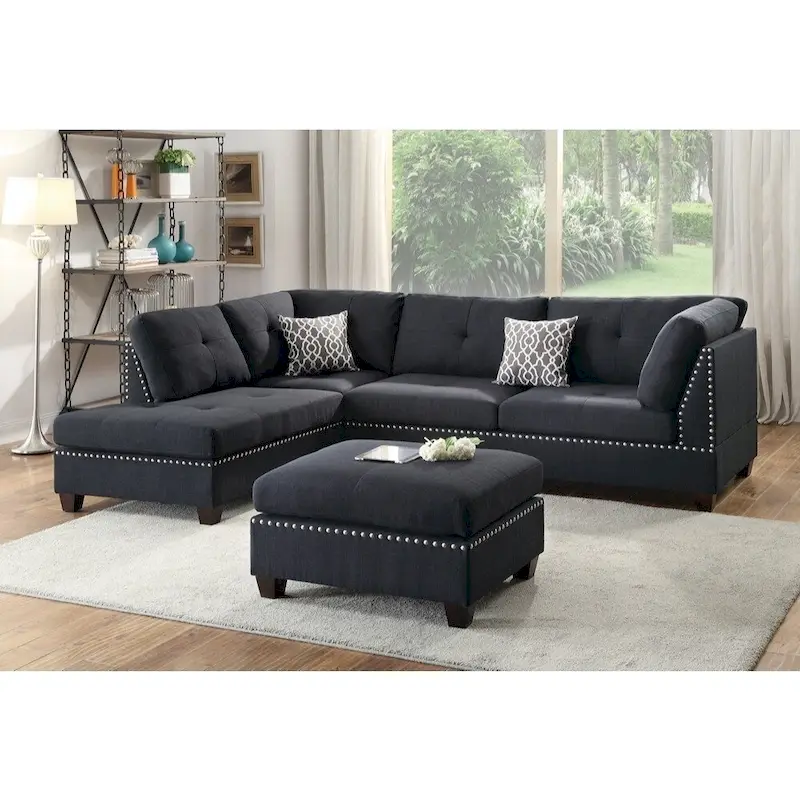 Polyfiber 3 Pieces Sectional Set With Ottoman In Black