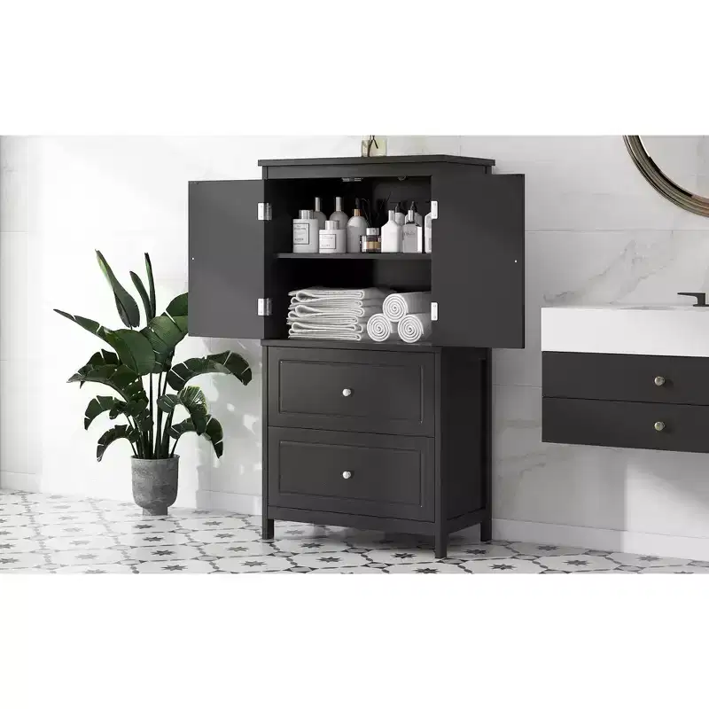 VIYET 43 2-Door 2-Drawer Storage Cabinet, Black MDF Adjustable-Shelf Organizer, Anti-Tipping Waterproof Multi-Scene Cabinet