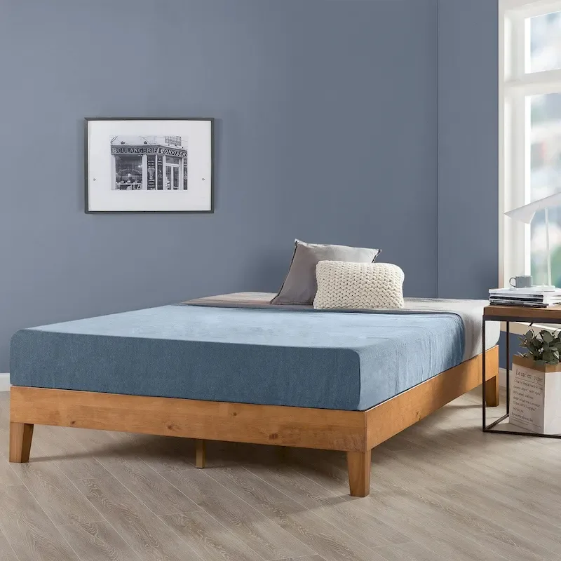 12" Solid Wood Platform Bed Frame, Slatted Base, No Box Spring Needed, Mid-Century Style