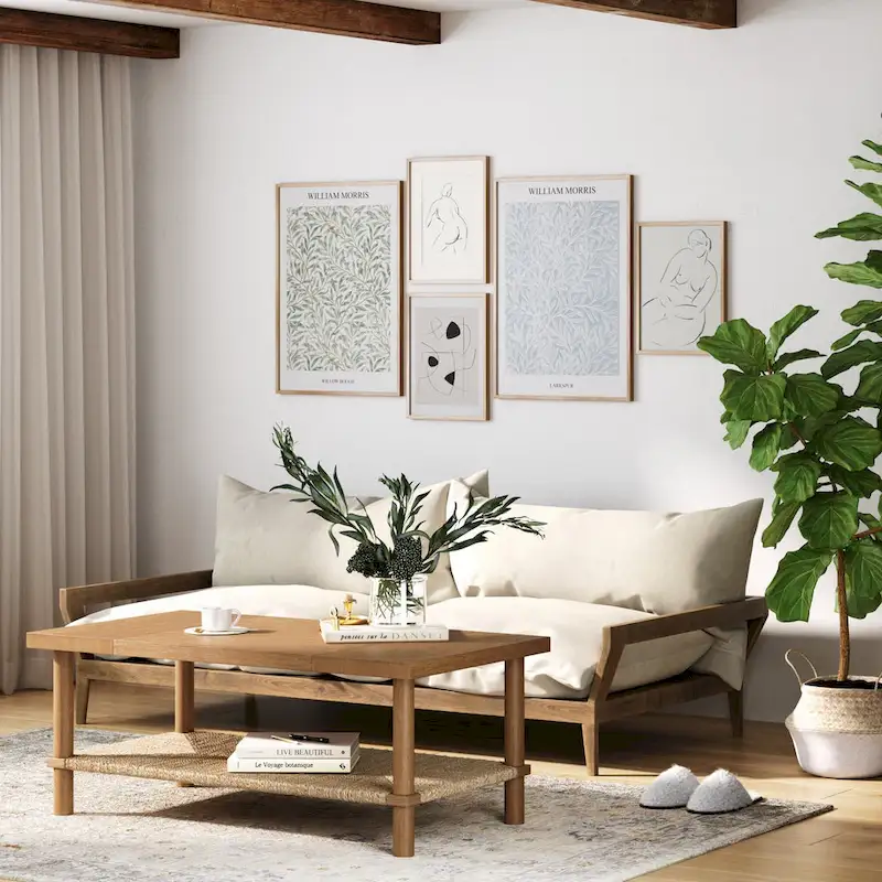 Beacon Bohemian Coffee Table with Storage, 2-Tier Rectangle Coffee Table with Solid Wood Legs and Seagrass Shelf