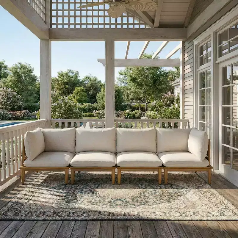 Christopher Knight Home Sacova Outdoor Acacia Wood 4-Seater Sofa, Teak Finish Frame with Beige Cushion