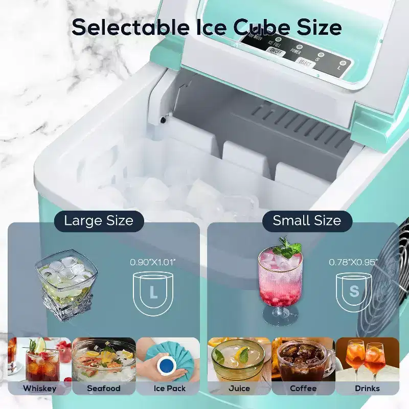 Countertop Ice Maker with Self-Cleaning, producing 26.5 lbs of ice per day, makes 9 cubes in just 6 minutes, two sizes of bullet ice, Green