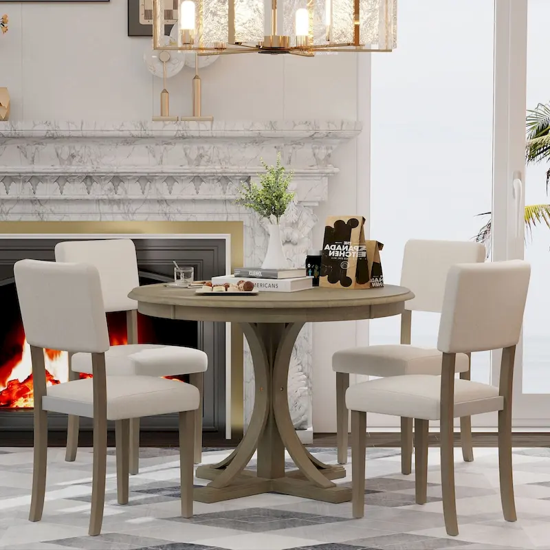 5-Piece Round Dining Table Set with Curved Trestle Style Table Legs and 4 Chairs