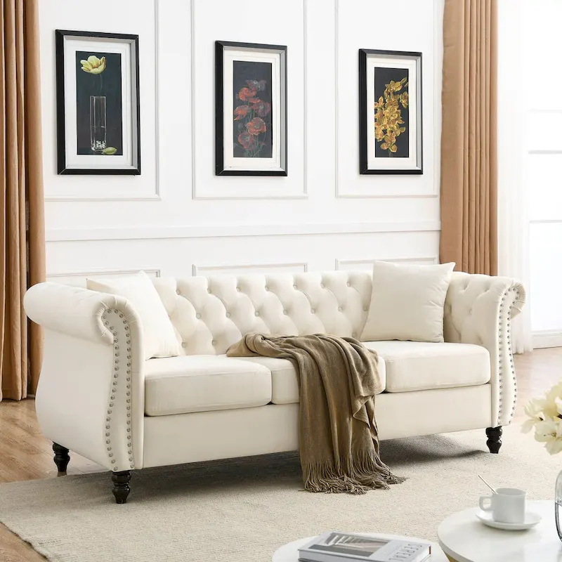 Sofa Beige Velvet for Living Room, 3 Seater Sofa Tufted Couch with Rolled Arms and Nailhead, two pillows