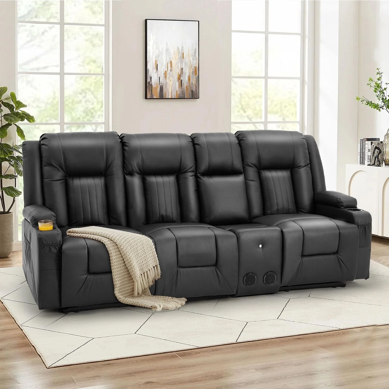 AECOJOY Recliner Sofa Manual RV Reclining Couch PU Home Theater Seating w/ Console