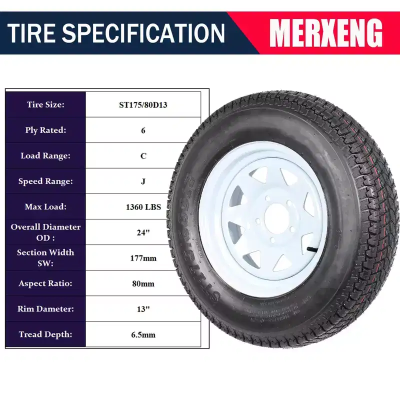 Trailer Tires Rims ST175/80D13 175 80 13 Tire, 5 Lug on 4.5, White Spoke Wheel Load Range C, 6 PLY, Set of 2