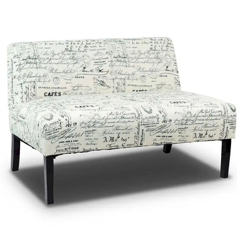 Modern Loveseat Sofa with Off-White Cursive Pattern Upholstery and Black Wood Legs - 50 x 28 x 30.5 (L x W x H)