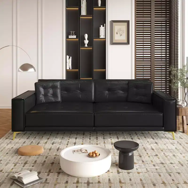MAYEERTY 92.1 King Size Pull Out Sofa Bed,3-in-1 Faux Leather Convertible Sleeper Sofa with Ultra Wide Armrests 2 Pillows Black