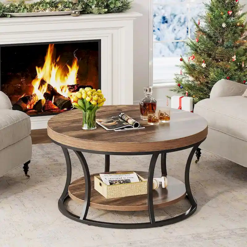 Round Coffee Table, 2-Tier Center Table with Storage Open Shelves