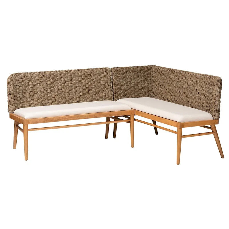 Denver Modern Bohemian Natural Seagrass and Acacia Wood 2-Piece Dining Nook Banquette Set