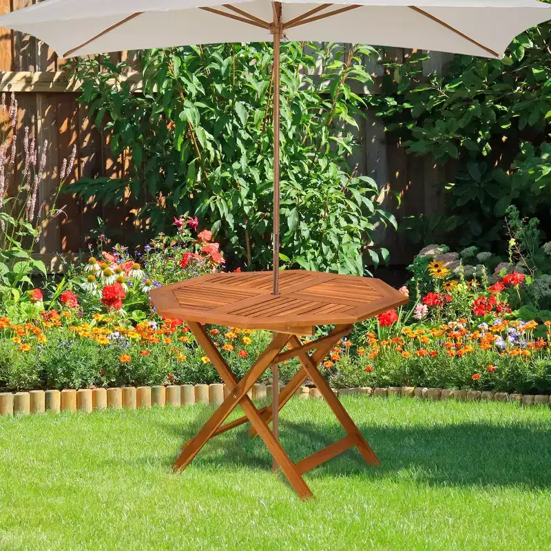 Outsunny 39 Acacia Wood Outdoor Dining Table, Octagon Patio Table with Umbrella Hole, Teak