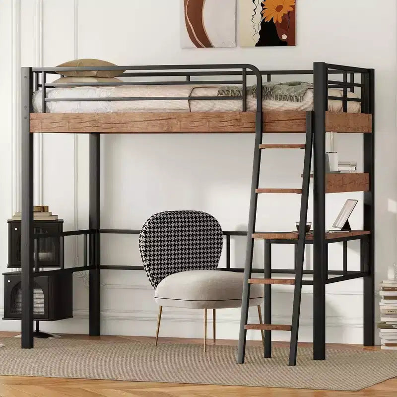 Twin Loft Bed with Desk, Ladder & Bookshelves, Heavy Duty Metal Frame, Space-Saving Design, Black