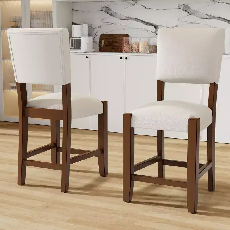 Set of 2 Mid-Century Modern Bar Stools with Linen Upholstery and 40.4 Height