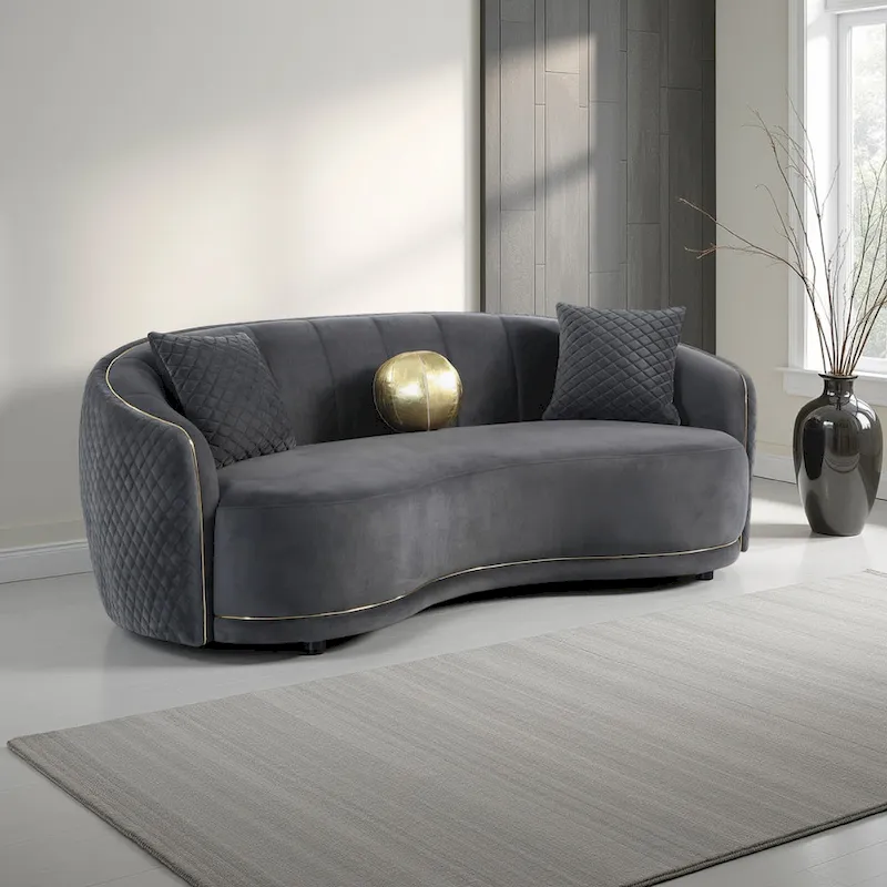 Curved Sofa, 92 Inch, Dark Gray Polyester, Gold Trim, 3 Pillows