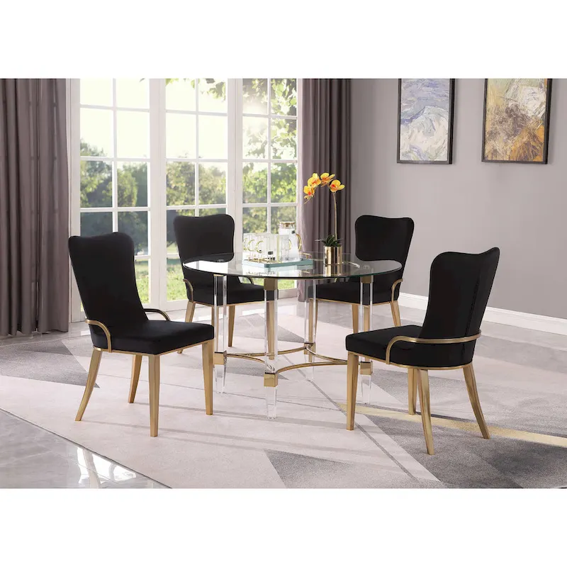 Somette Ridley Gold 5-Piece Round Glass/Acrylic Dining Set with Black Chairs