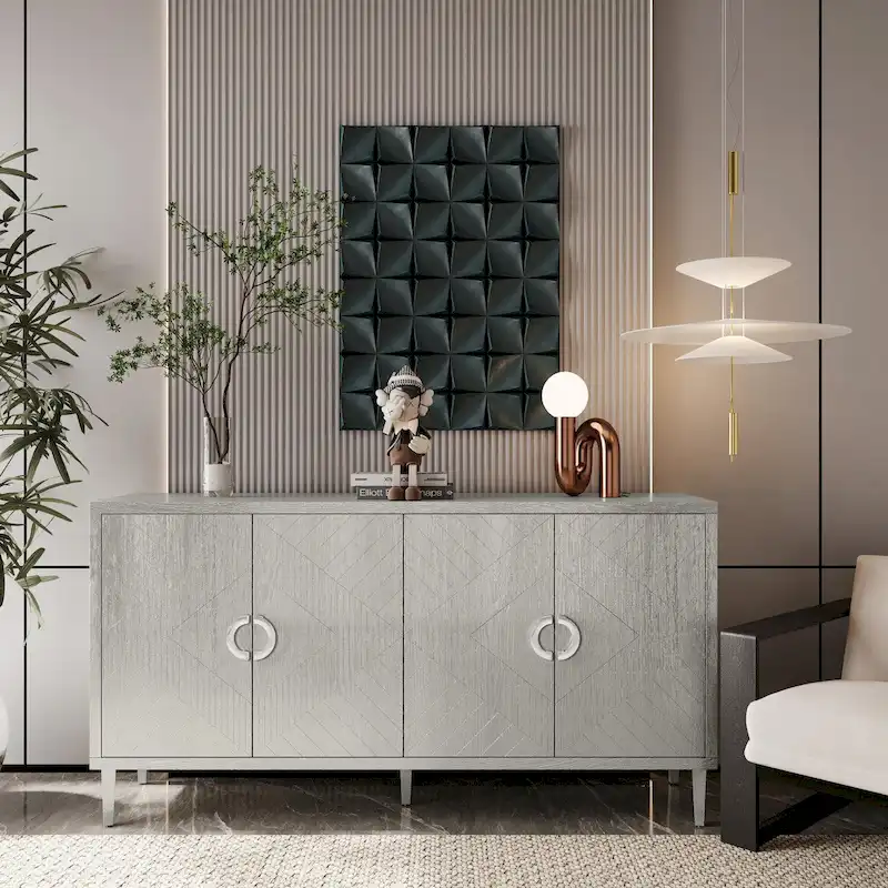 4-Door Sideboard Cabinet MDF Pine Legs Sculpted Champagne Navy Blue