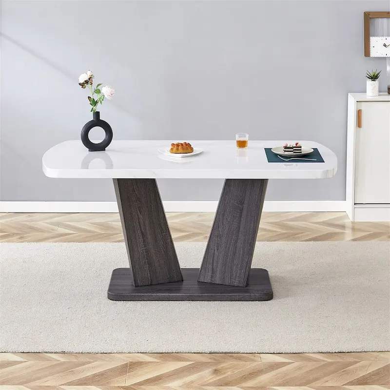 Merax Modern Dining Table with V-Shape MDF Base/ Linen Tufted Dining Room Chairs Set of 6
