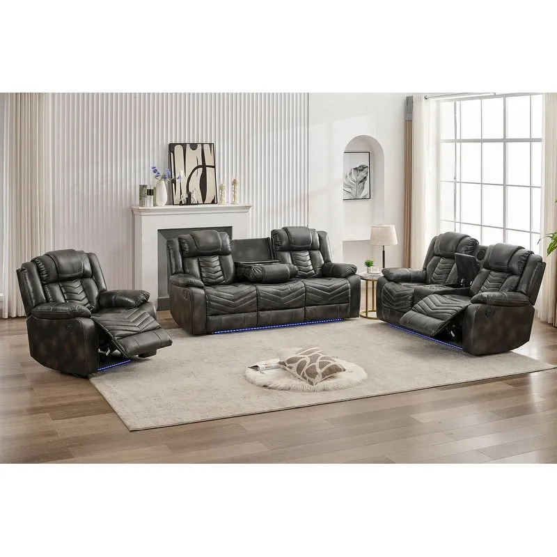 Power Recliner Sofa Set 6-Seater with Zero Gravity,Bass Speaker,Wireless Charger,USB/Type-C Ports,LED Lights,Cup Holders,Gray