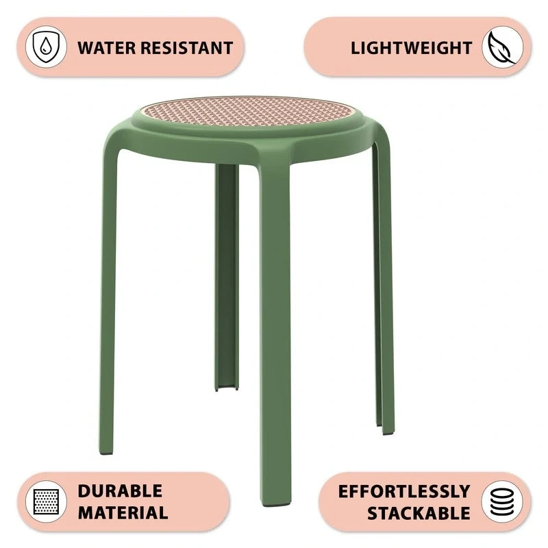 Round Plastic Dining Stool with Wicker Top - 17.7 H x 13.4 W x 13.4 D