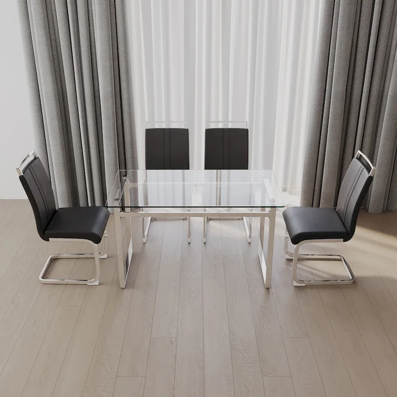 Modern 5-Piece Dining Set with Rectangular Glass Table & High Back Silver-Plated Legs Dining Armless Chairs