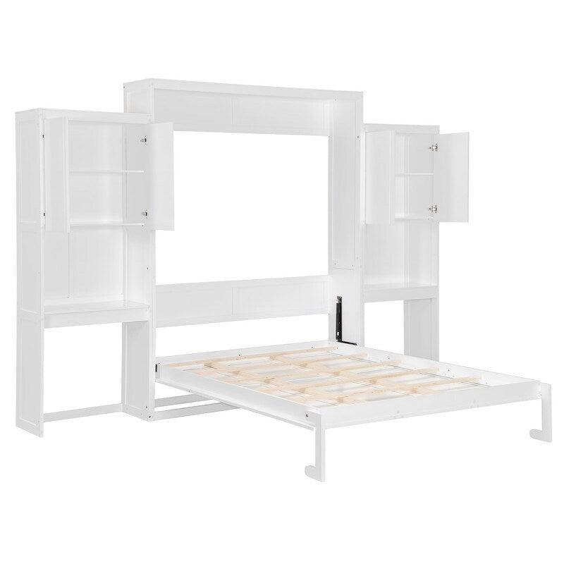 Queen Size Murphy Bed Wall Bed with Desk, Mirror and Vanity, Wooden Foldable Murphy Cabinet Bed with Storage Cabinets