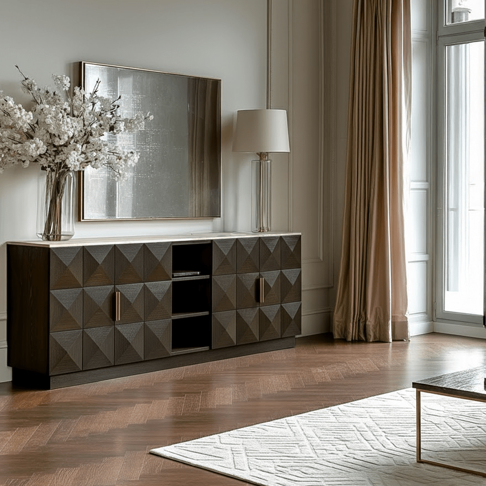Deep Brown 4 Door Sideboard with Shelving & Travertine Top