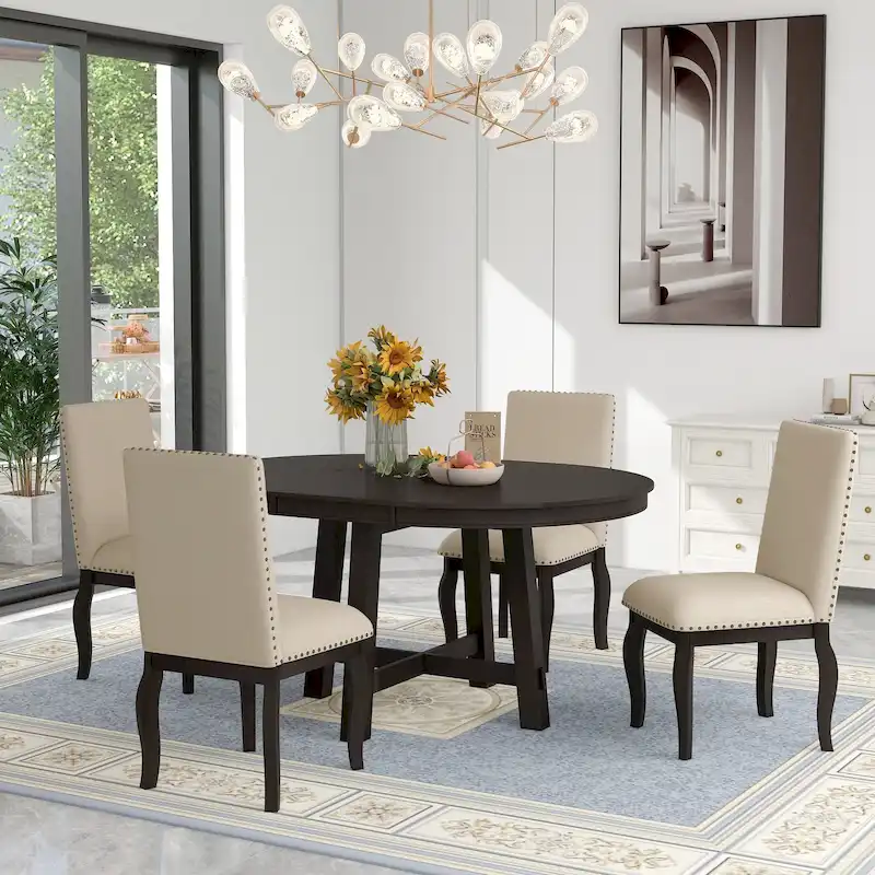 5 Piece Dining Table Set, Wooden Round Kitchen Dining Table Set with Extendable Dining Table and 4 Upholstered Dining Chairs