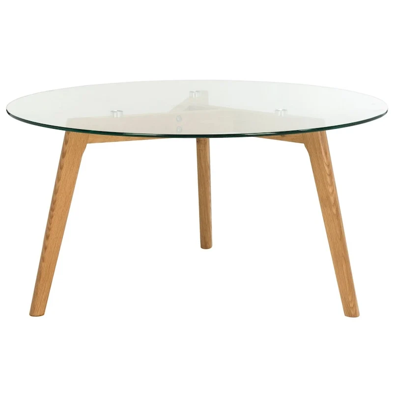 Mid-Century Round Clear Glass Top Coffee Table with Wood Legs