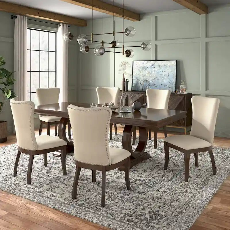 Tallinn Dark Cherry Wood and Beige Fabric Extendable Dining Set