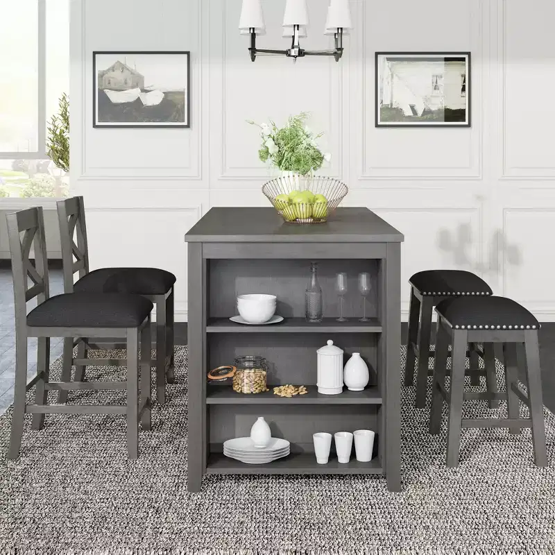 5-Piece Rustic Farmhouse Dining Table Set Dining Set with Counter Bar Height Dining Table, 2 Dining Chairs and 2 Stools, Gray/White-ModernLuxe