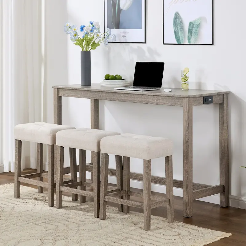4 PCS Bar Table Dining Sets with Counter Stools and Built-in Power Outlets